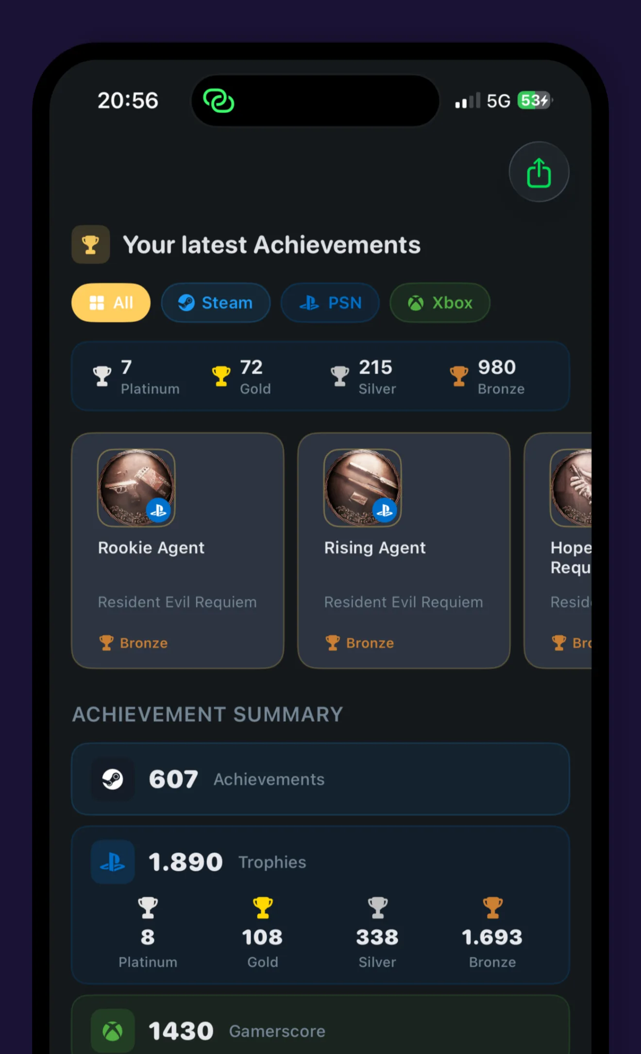 Backloggr achievements dashboard with Platinum, Gold, Silver and Bronze trophy counts across Steam, PSN and Xbox