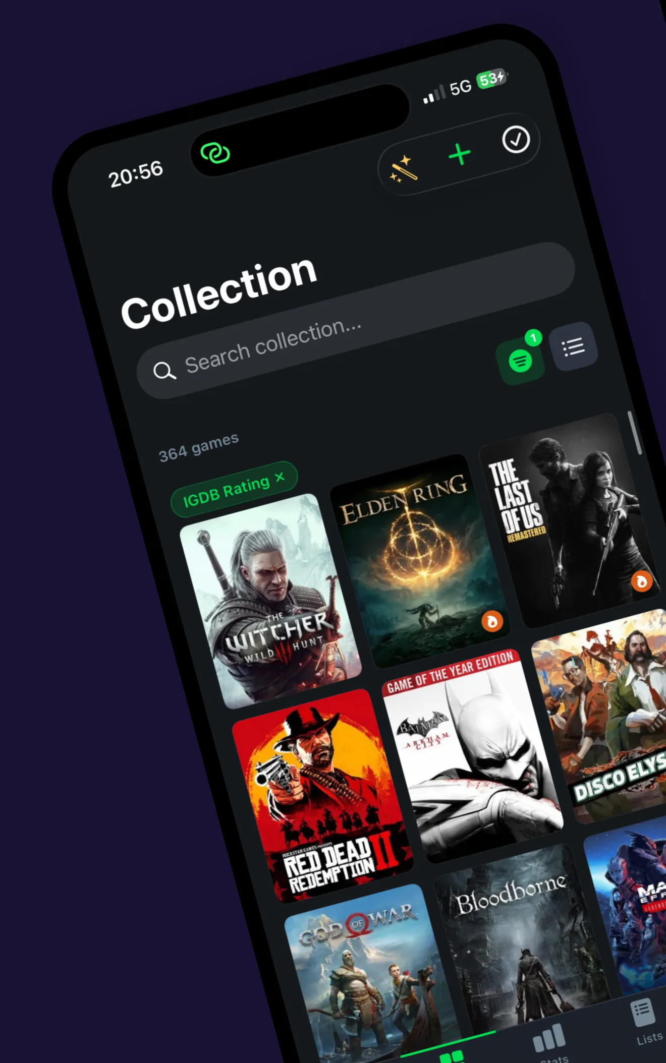 Backloggr iOS app showing a video game collection with cover art for The Witcher 3, Elden Ring and Red Dead Redemption 2