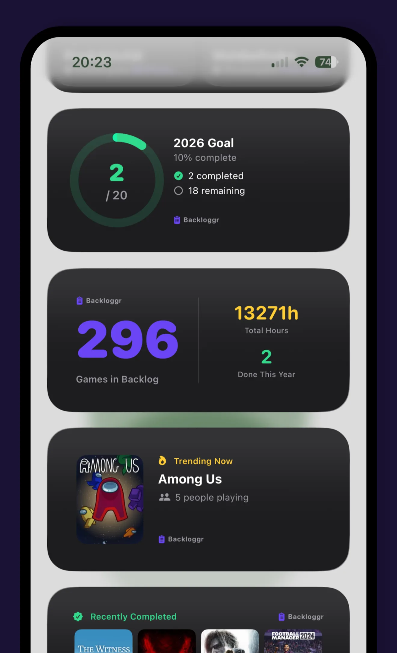 Backloggr stats screen showing games in backlog, total hours played and yearly goal